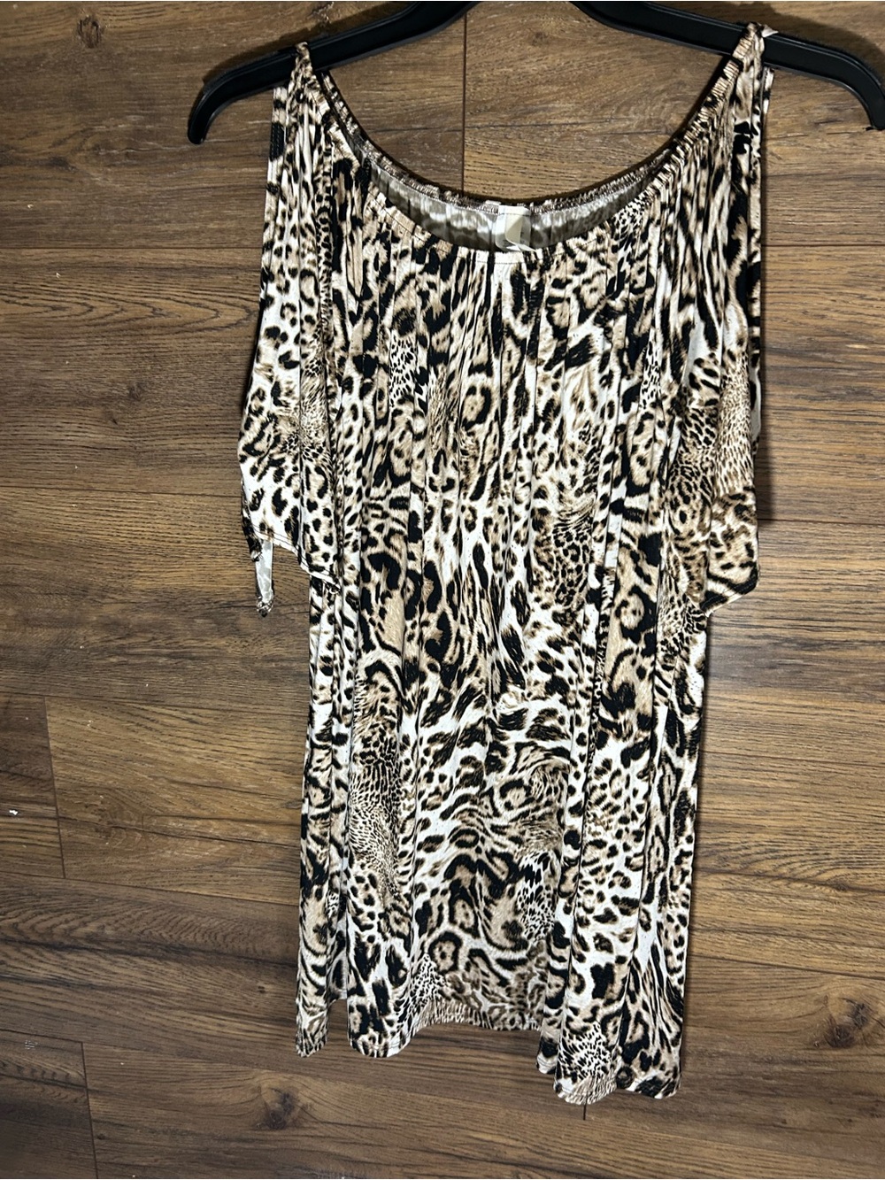 Lilypad Beige and Black Leopard Cold-Shoulder Blouse
